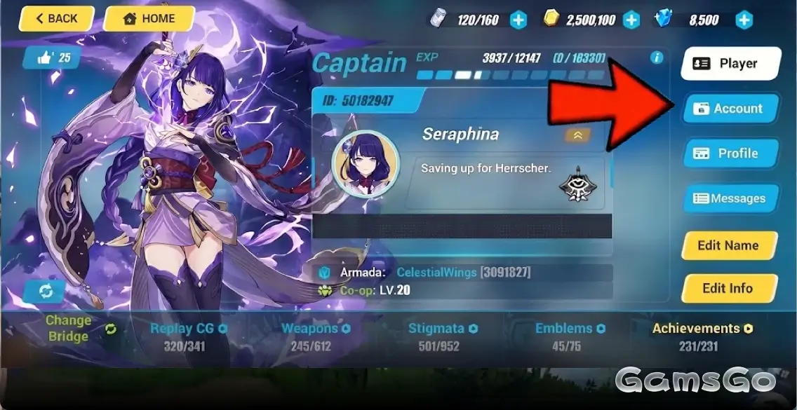 Step 2: Account tab hi3 codes