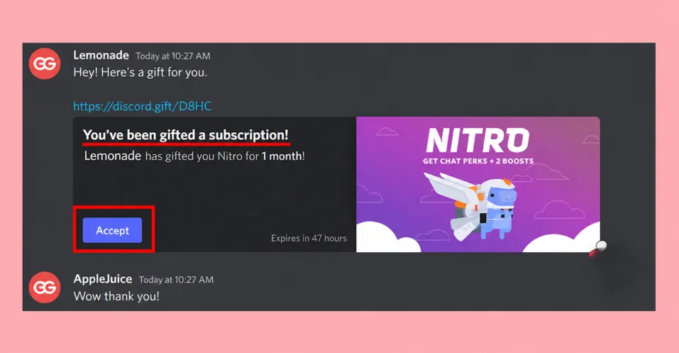 Sending and redeeming a Discord Nitro gift
