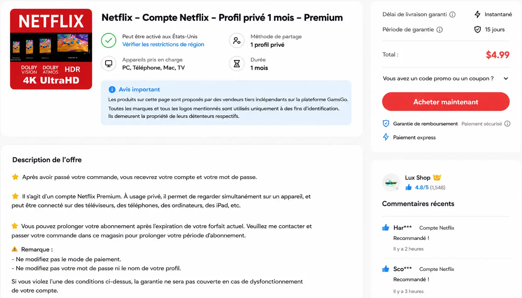 choix du forfait netflix gamsgo