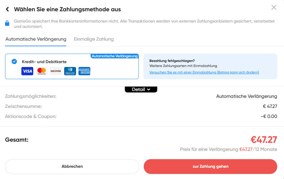 GamsGo-Checkout-Seite für YouTube-Premium-Abonnement