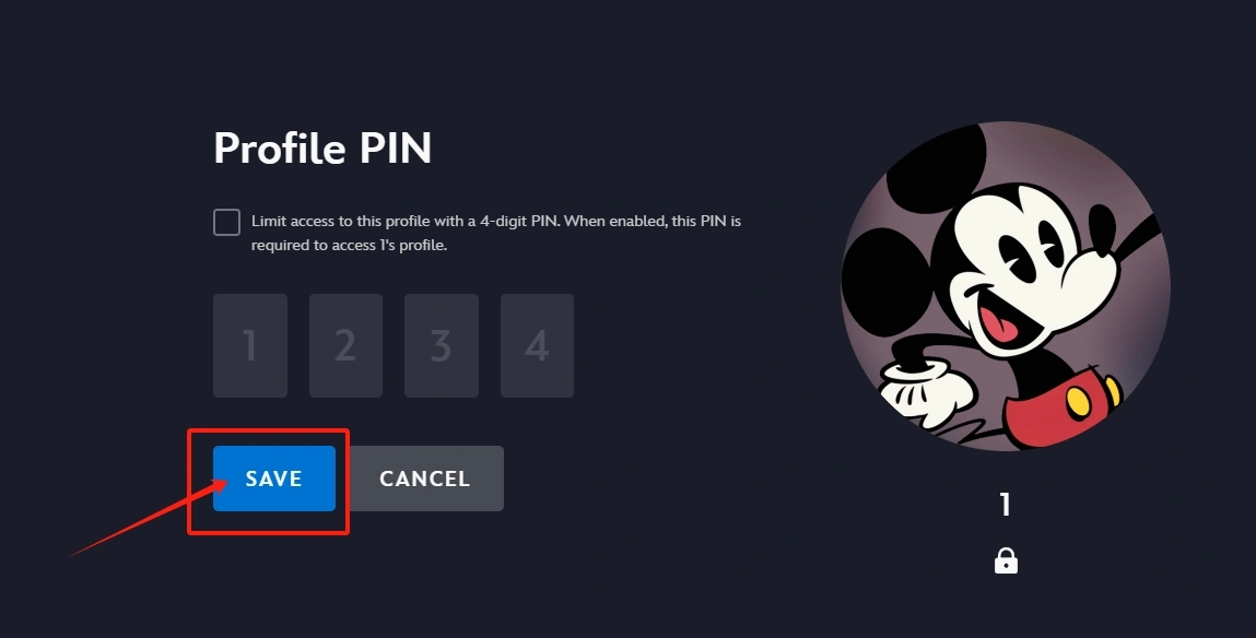 Salvataggio delle modifiche al PIN del profilo Disney+