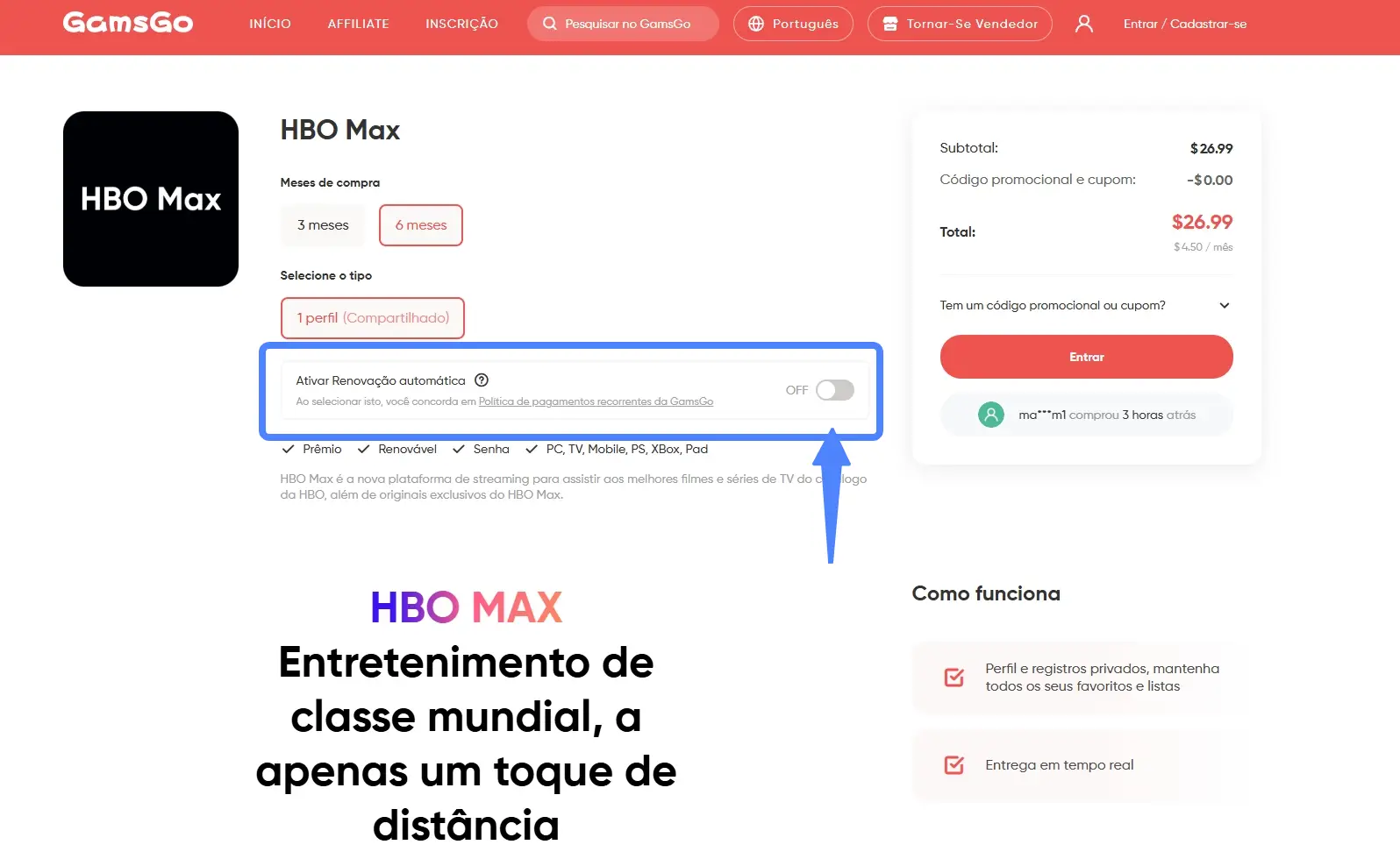 assinatura HBO Max no GamsGo