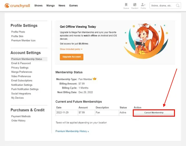 Annuler l'essai gratuit de Crunchyroll