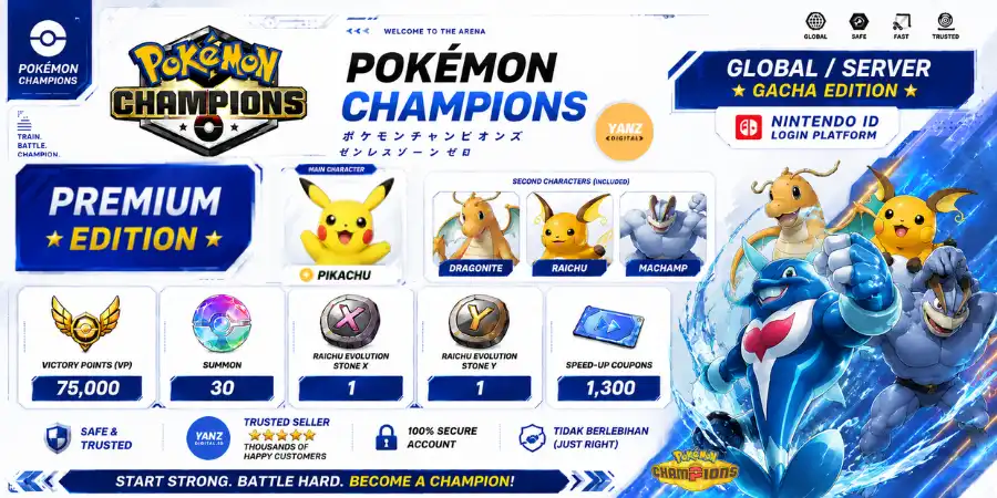 账号 Pokemon Champions | 皮卡丘 + 胜利点数 (VP) 75000 + 快龙，雷丘，怪力 + 1 雷丘 X 1 雷丘 Y + 1.3K 加速券