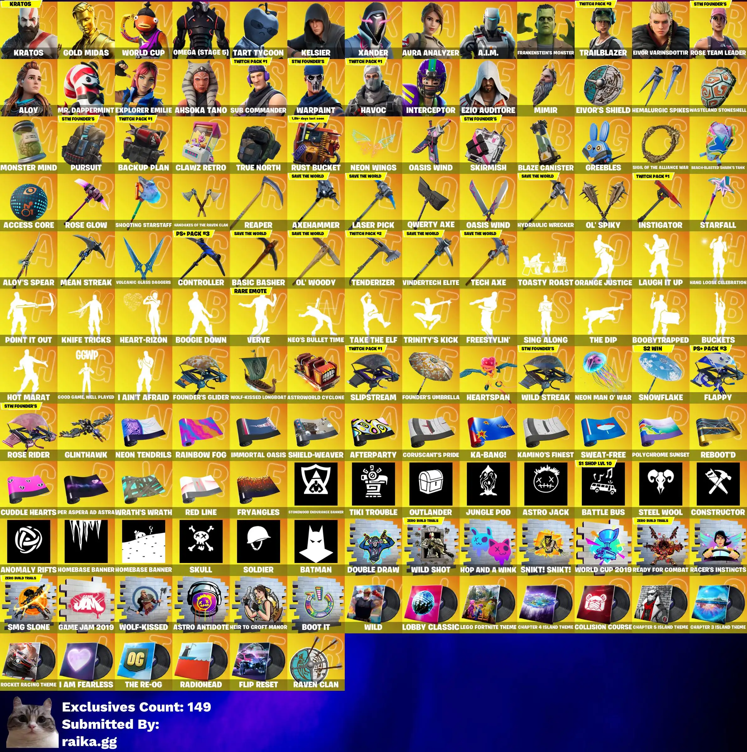 [3in1] / 즉시 • FN (모든 플랫폼) • 350 스킨 • OG STW • Kratos • Cybertruck • Gold Midas • Take the Elf • 전체 접근 • 2개 선물