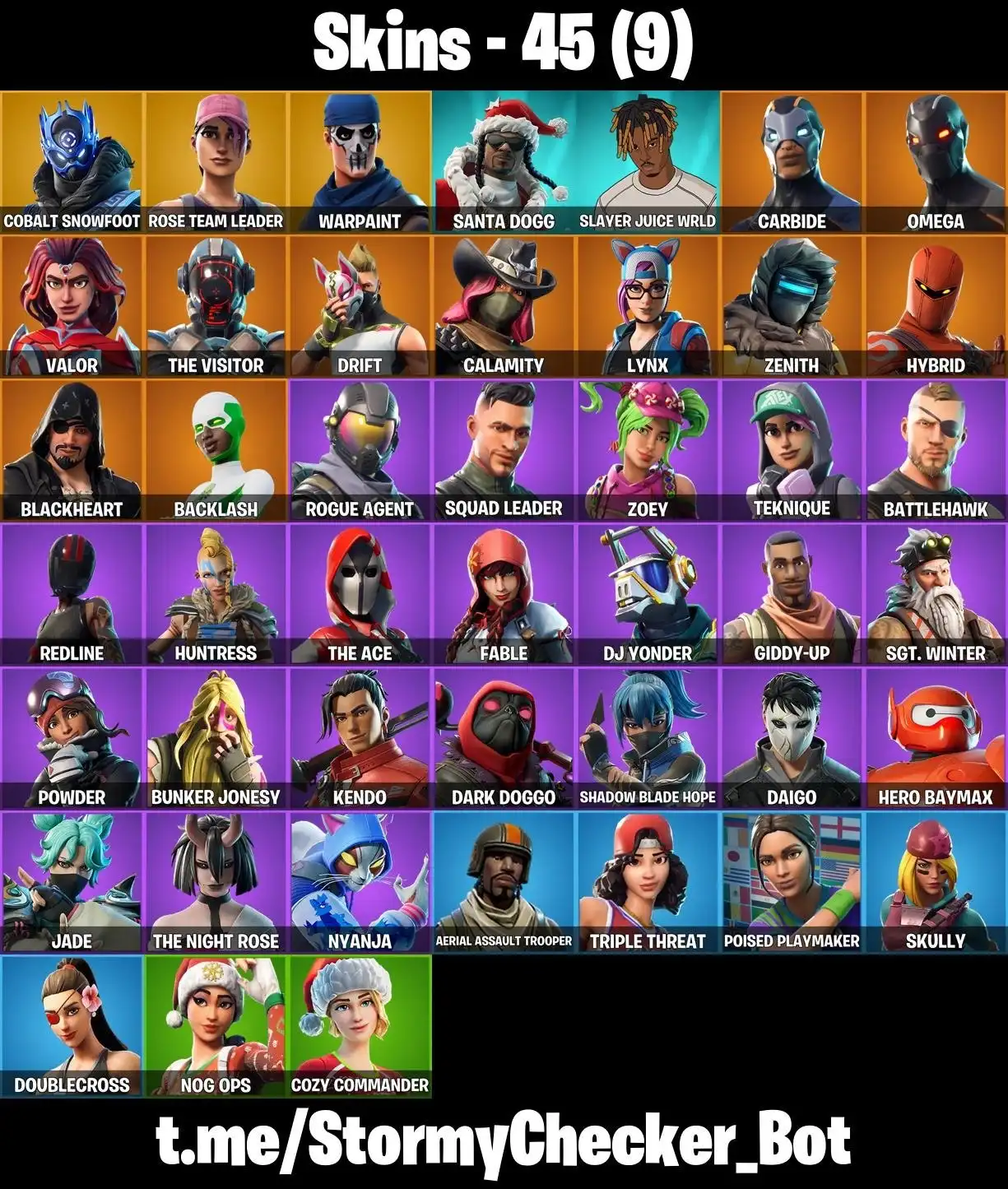 45 skins ⭐ OG STW Deluxe ⭐ Cobalt Snowfoot ⭐ Drift ⭐ Backflash ⭐ Candy Axe ⭐ Harley Hitter ⭐ Reaper ⭐ Heartspan ⭐ Orange Justice ⭐ Get Griddy ⭐ FA