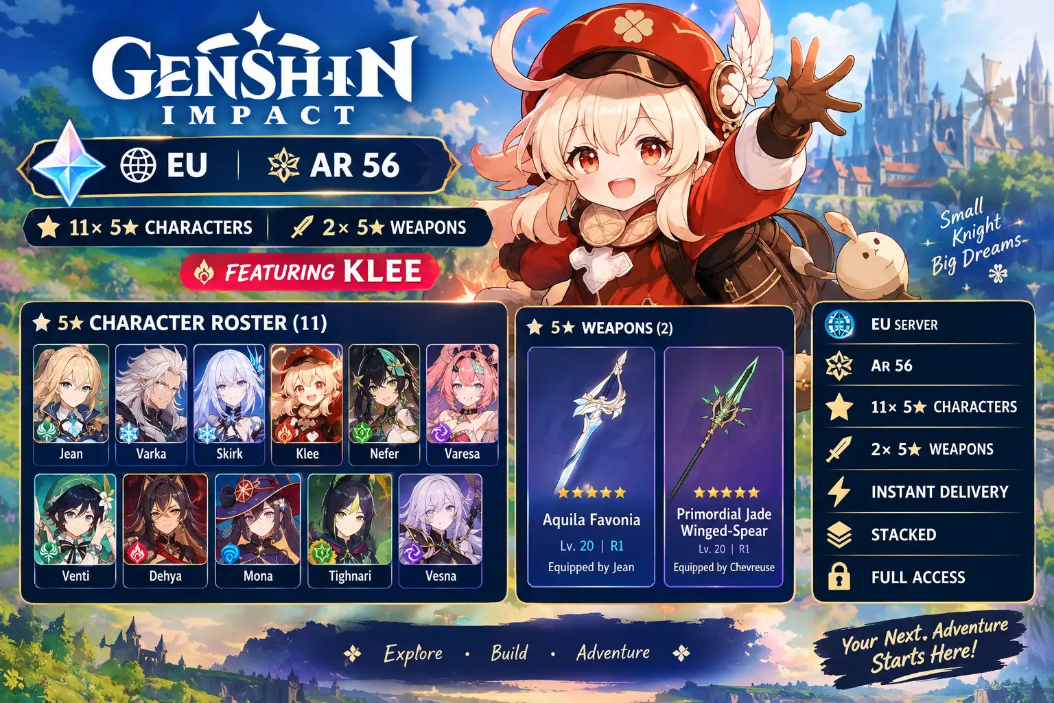 💎 [GENSHIN IMPACT] | UE | AR 56 | 11× Personnages 5★ | Avec Klee | 2× Armes 5★ | Livraison instantanée | Empilé | Accès complet