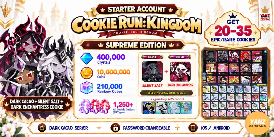 [Dark cacao] Conta Cookie Run Kingdom | 400000 Cristais + 210000 Cubos + DCC + Sal Silencioso + Biscoito Feiticeira Sombria + 1.2K+ Cortadores