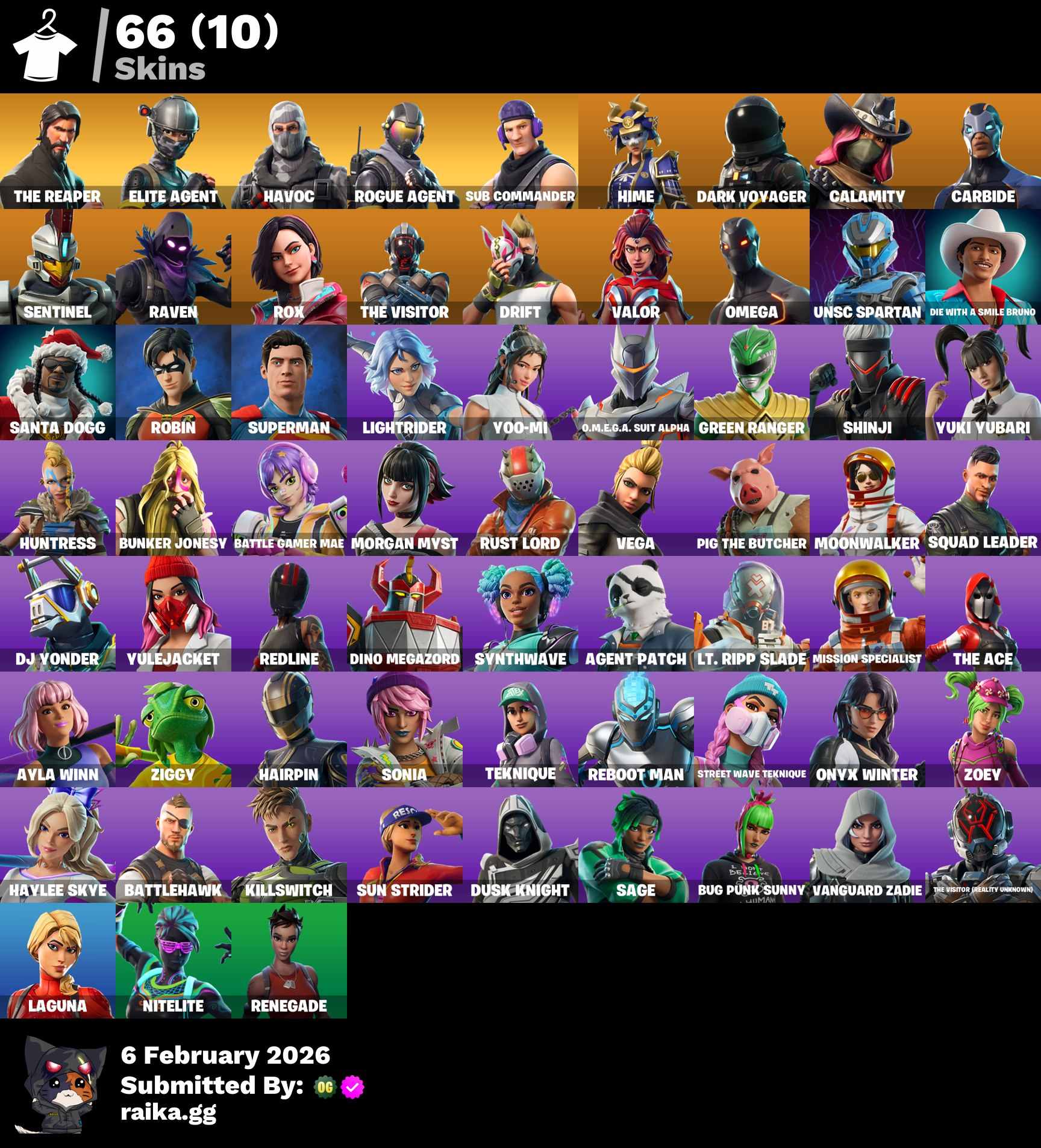 PC/PSN/Xbox/Nintendo 66 skins | The Reaper | Elite Agent | Havoc | Rogue Agent | Sub Commander | Hime | Dark Voyager | Calamity | Carbide | Sentinel |