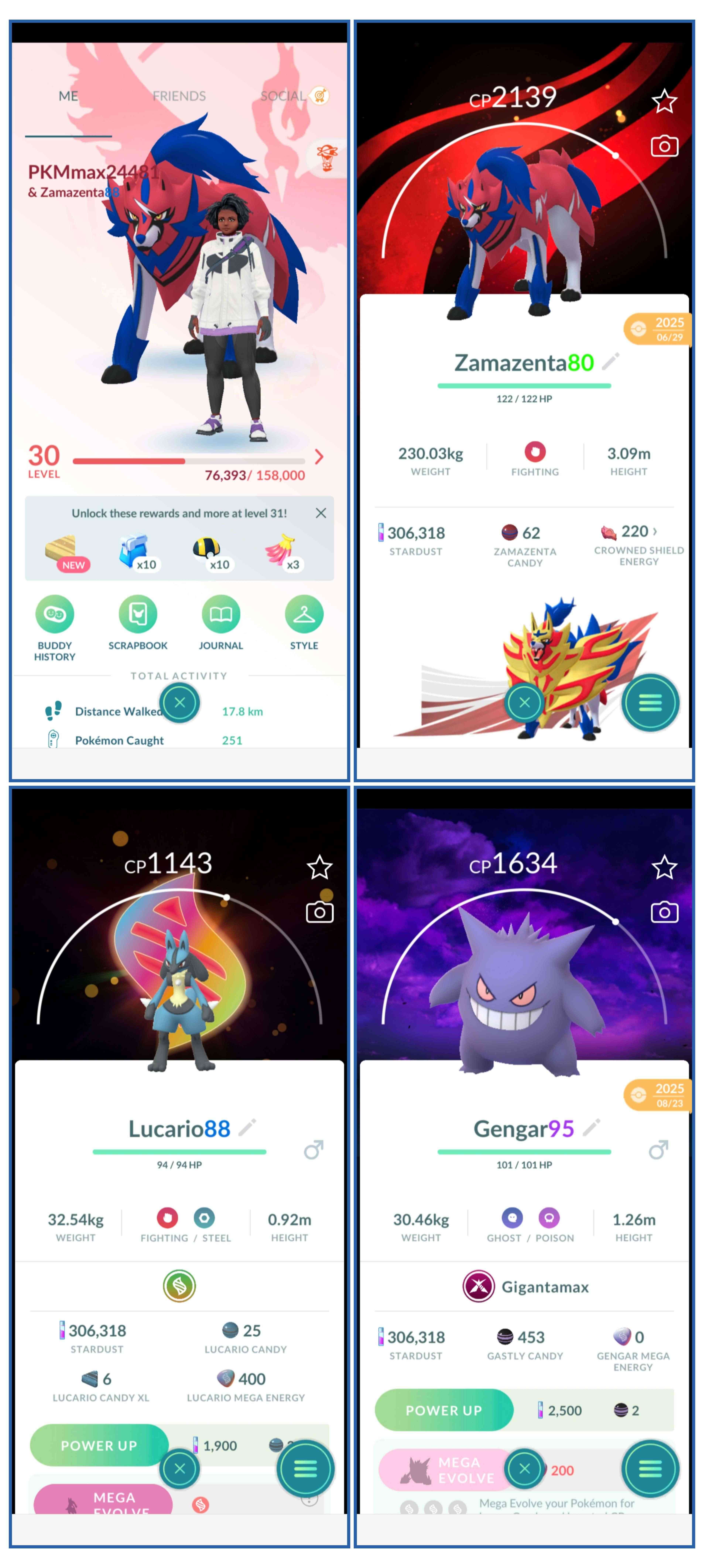 LIVELLO 30 | ZAMAZENTA GO FEST 2025 SFONDO | 19 LEGGENDARI | 2 LEGGENDARI LUCCICANTI - REGICE + ZAPDOS | GIGANTAMAX GENGAR SFONDO | MEGA LUCARIO