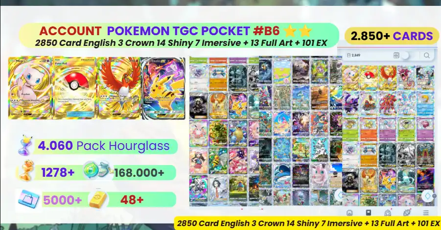 [2850+ بطاقات ENG] حساب 3 Crown Mew EX + Pokeball + Ho-Oh Ex + 7 غامر بيكاتشو 14 لامع 7 غامر + 13 فن كامل + 4000 حزمة ساعة رملية #b6