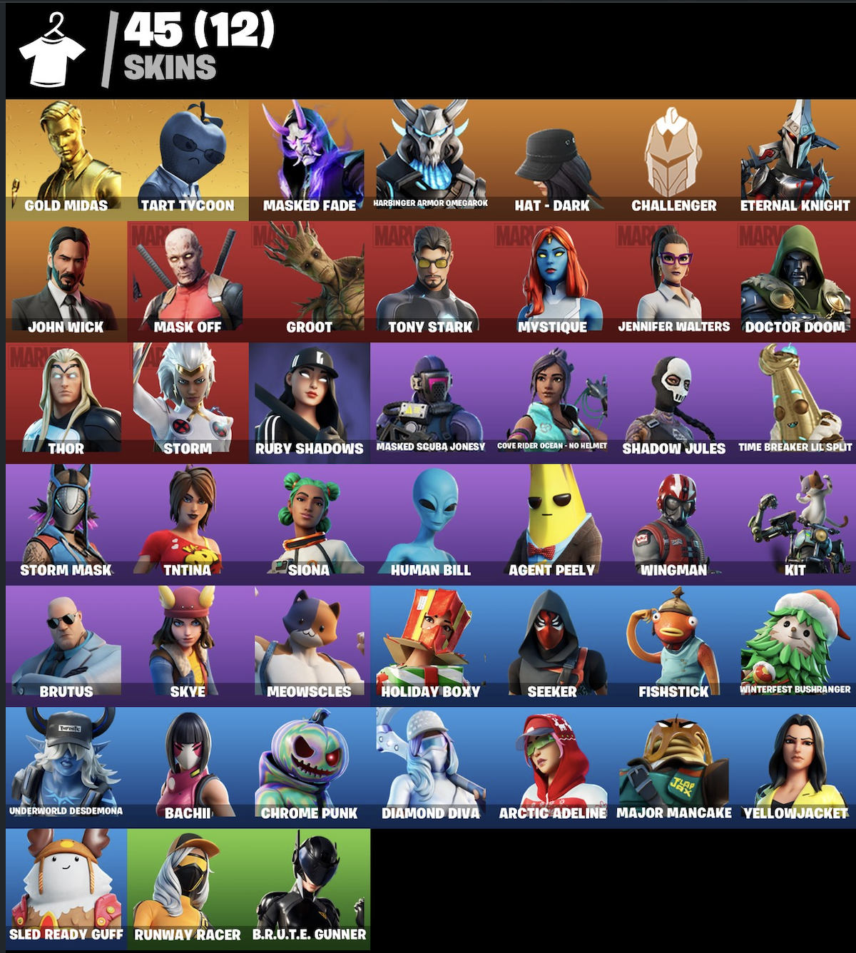 [PC/PSN/XBOX] 45个皮肤 | Gold Midas | Tart Tycoon | John Wick | Mystique | AstroWorld旋风 | +6稀有表情 |