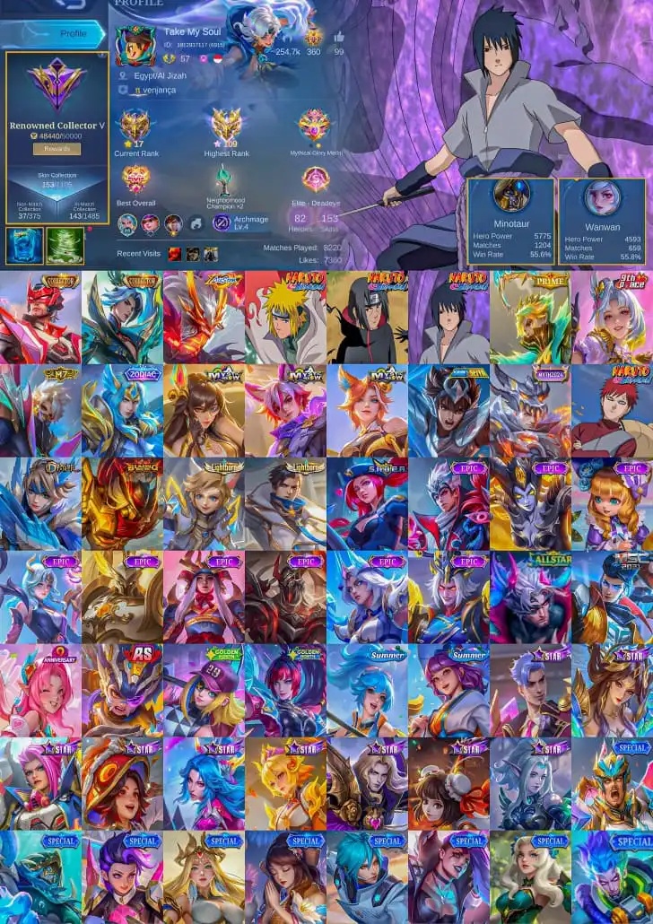 Akun Mobile Legends | 272 skin | Exalted Collector V | Mythical Glory 50★ | 304 diamond |