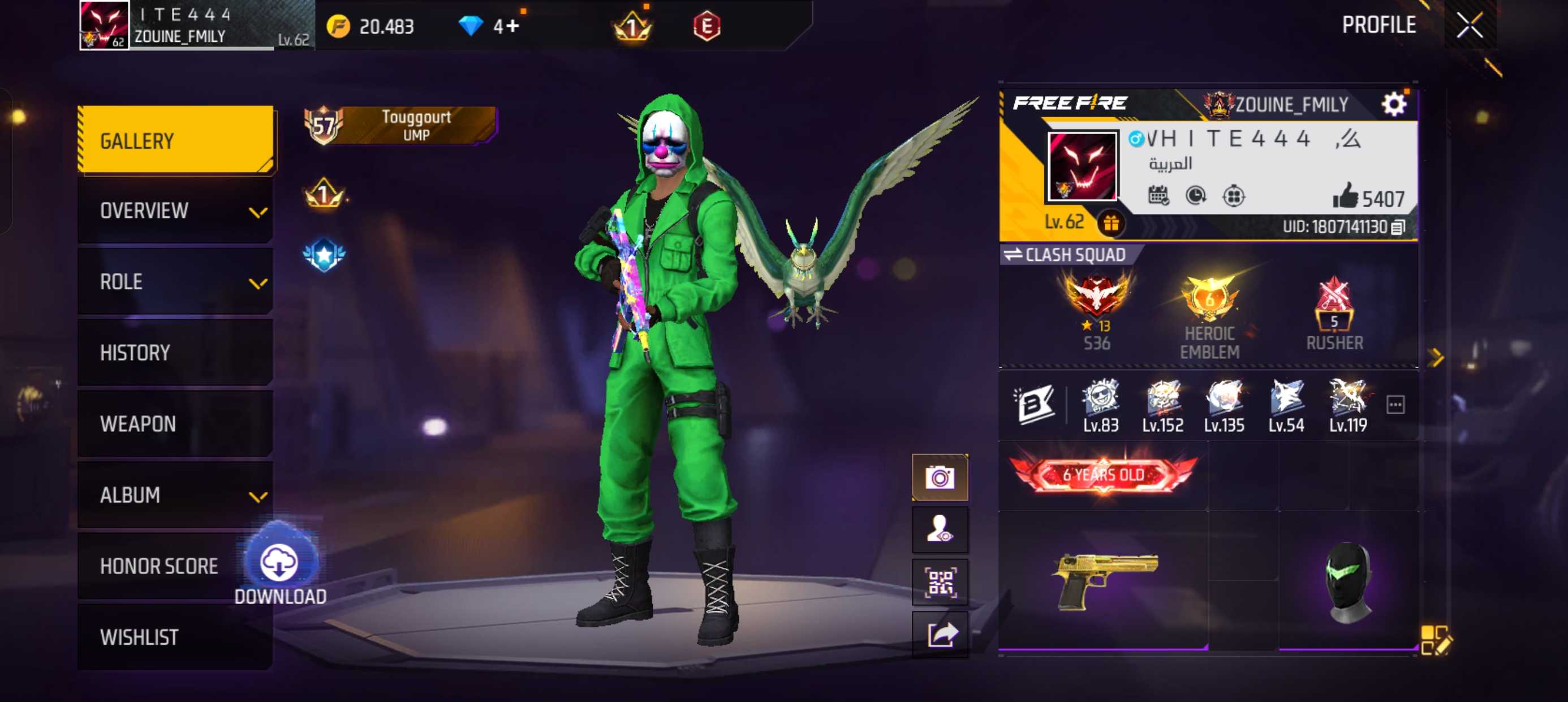 Garena Free Fire Accounts-Uma conta-ME (Oriente Médio)-Acesso total - Nível 62