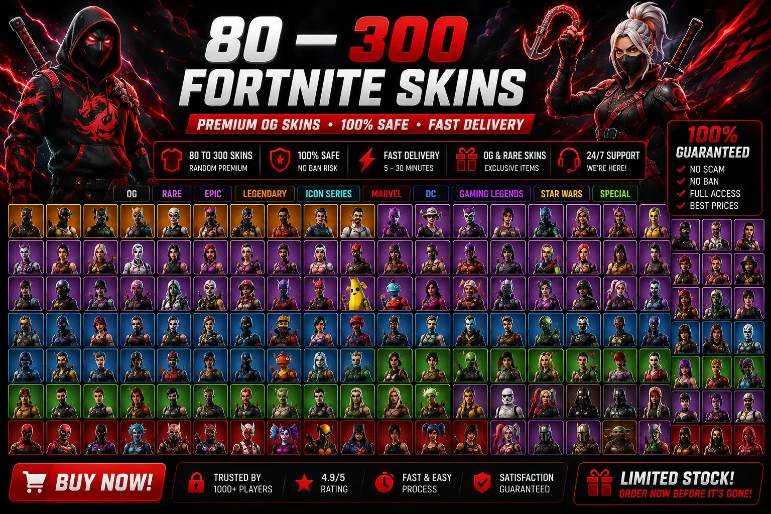 [PC/PSN/XBOX] OG fiók 80-300 skin garantált Travis Scott OG STW Black Knight Ikonik OG Ghoul Trooper