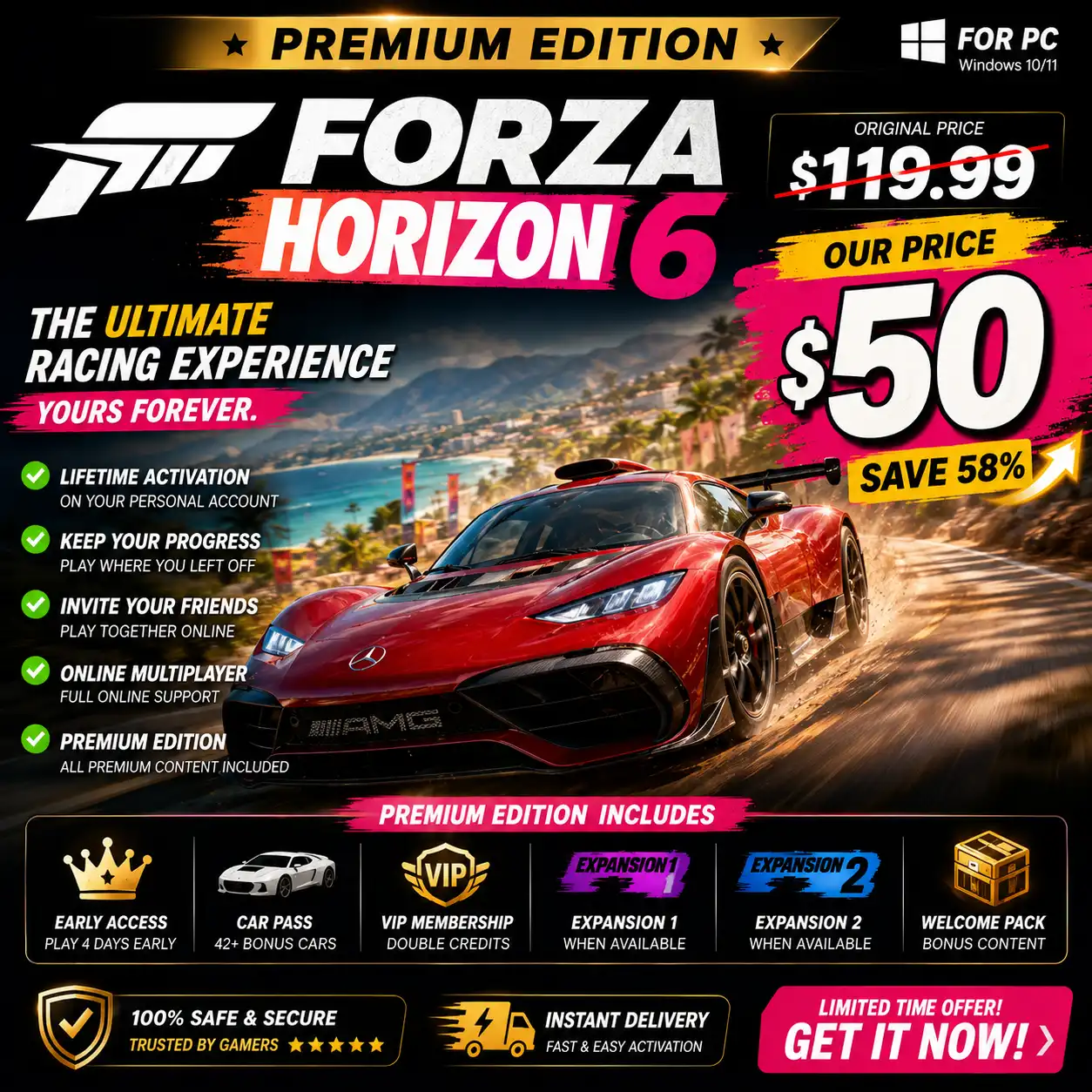 Forza Horizon 6 프리미엄 에디션 PC + 모든 DLC | 평생 활성화 | 개인 계정 | 온라인 멀티플레이 | $50