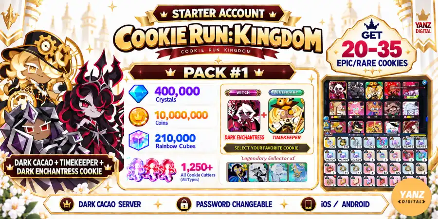 [Dark cacao] Conta Cookie Run Kingdom | 400000 Cristais + 210000 Cubos + DCC + Guardião do Tempo + Dark Enchantress Cookie + 1.2K+ Cortadores