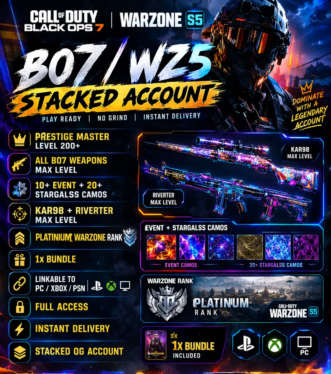 🔥BO7 / WZ5 🔥 威望大师等级 200+🔥所有 BO7 武器满级 🔥10+ 活动 + 20+ 星级玻璃迷彩🔥kar98 + Riverter 满级 🔥铂金战区段位