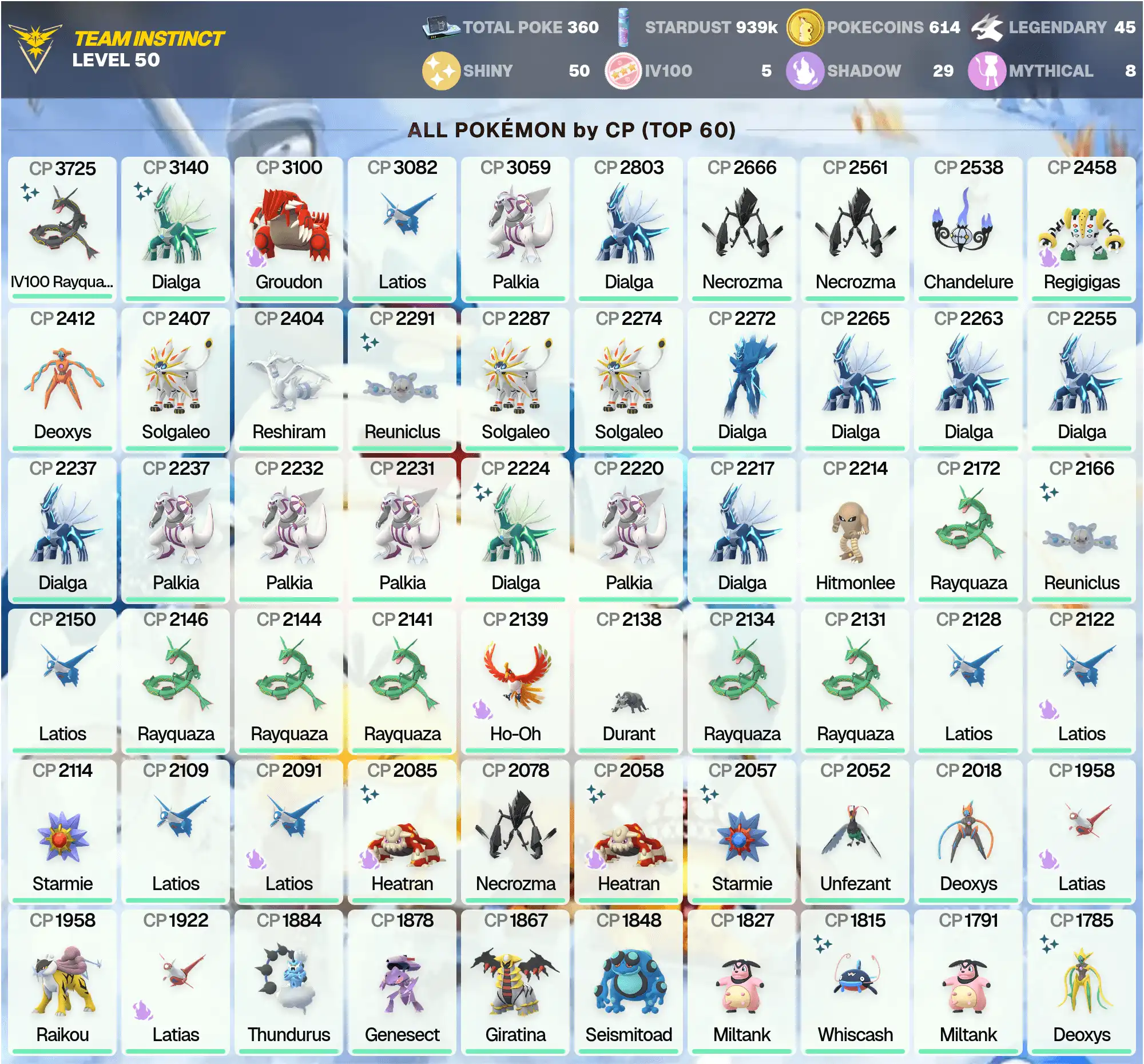 Legendary: 45 /Shiny Attack Deoxys /Shiny: 50 /Shiny Heatran /IV100 Shiny MEGA Rayquaza 5.5K /Shiny Dialga 3K /[CNL] /PG-CQCPR