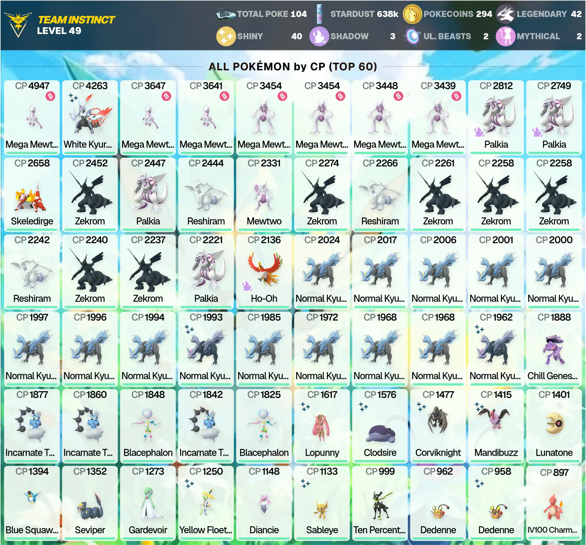 Shiny White Kyurem 4,2K ~MEGA: Mewtwo Y 4,9K, Mewtwo X ~Huyền thoại: 42 ~Shiny: 40 ~Shiny Kyurem ~Bóng: Palkia, Ho-Oh ~[CNL] ~PG-GYAVD