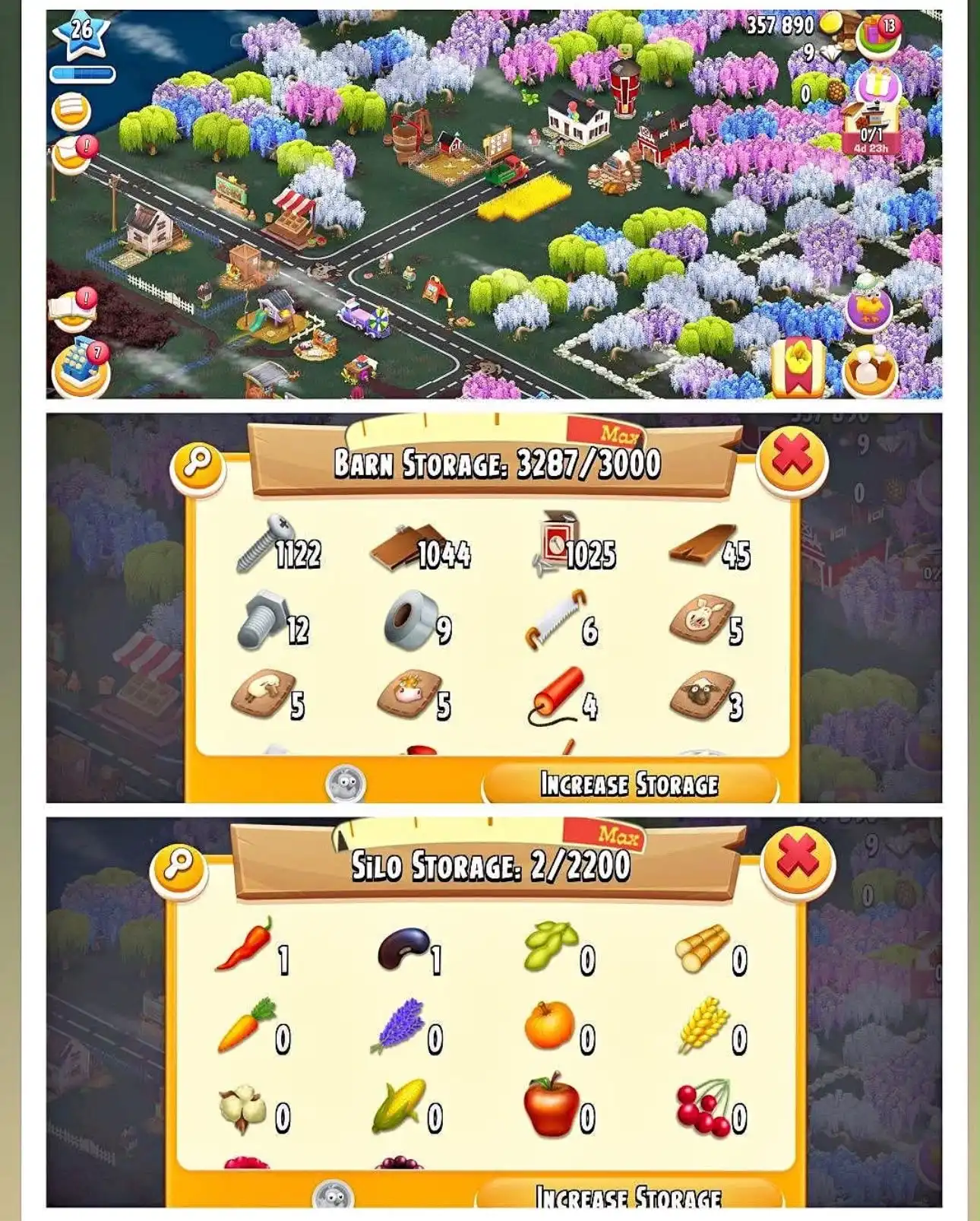 Hay Day 26 级农场 – 3000 谷仓存储空间 | 2350 筒仓容量 | 完整筒仓升级材料