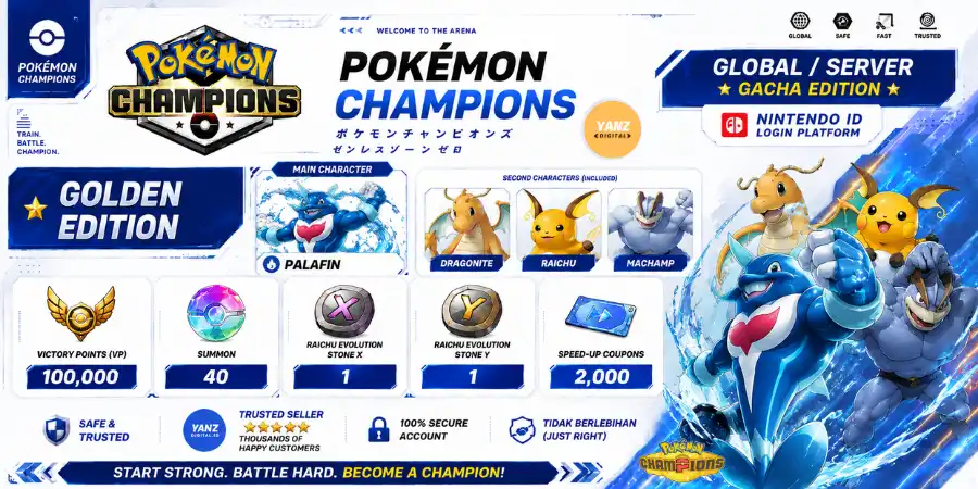 Account Pokemon Champions | Palafin + 100000 Victory Points + Dragonite, Raichu, Machamp + 1 Raichu X 1 Raichu Y + 2000 Coupons