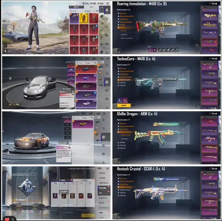 70 COLLECTION | 166 MYTHIC | 86 ID LEVEL | 3X ULTIMATE ROYAL | 56X GUNLAB | RARE INVENTORY | LAMBORGHINI + DODGE CHALLENGER