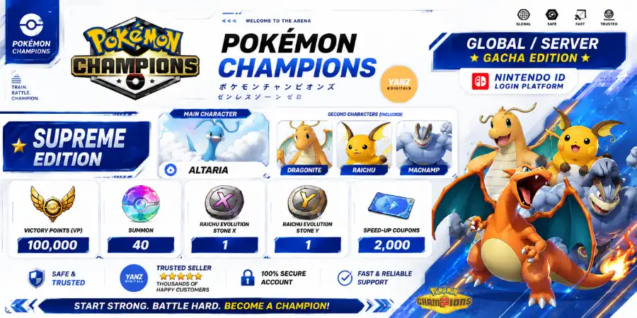 Account Pokemon Champions | Altaria + 100000 Victory Points + Dragonite, Raichu, Machamp + 1 Raichu X 1 Raichu Y + 2000 Coupons