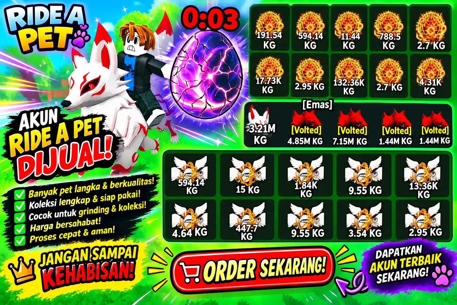 AKUN RIDE A PET - PET KITSUNE + CERBERUS + PHOENIX + MARAMING BONUS EGGS