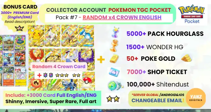 Pokemon TCG Pocket Account | Random Crown Card x4 3000+ Cards English + 5000 Pack HG + 1500+ Wonder HG + 7000 Ticket + 50 Poke Gold