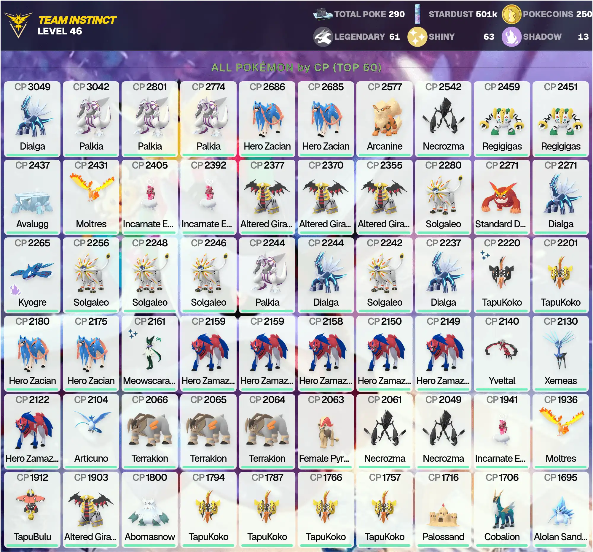 Legendary: 61 /Shiny: 63 /Palkia 3K /Dialga 3K /Shiny Tapu Koko /Necrozma /Regigigas /Enamorus /Kyogre /Solgaleo /PG-NNDXN /
