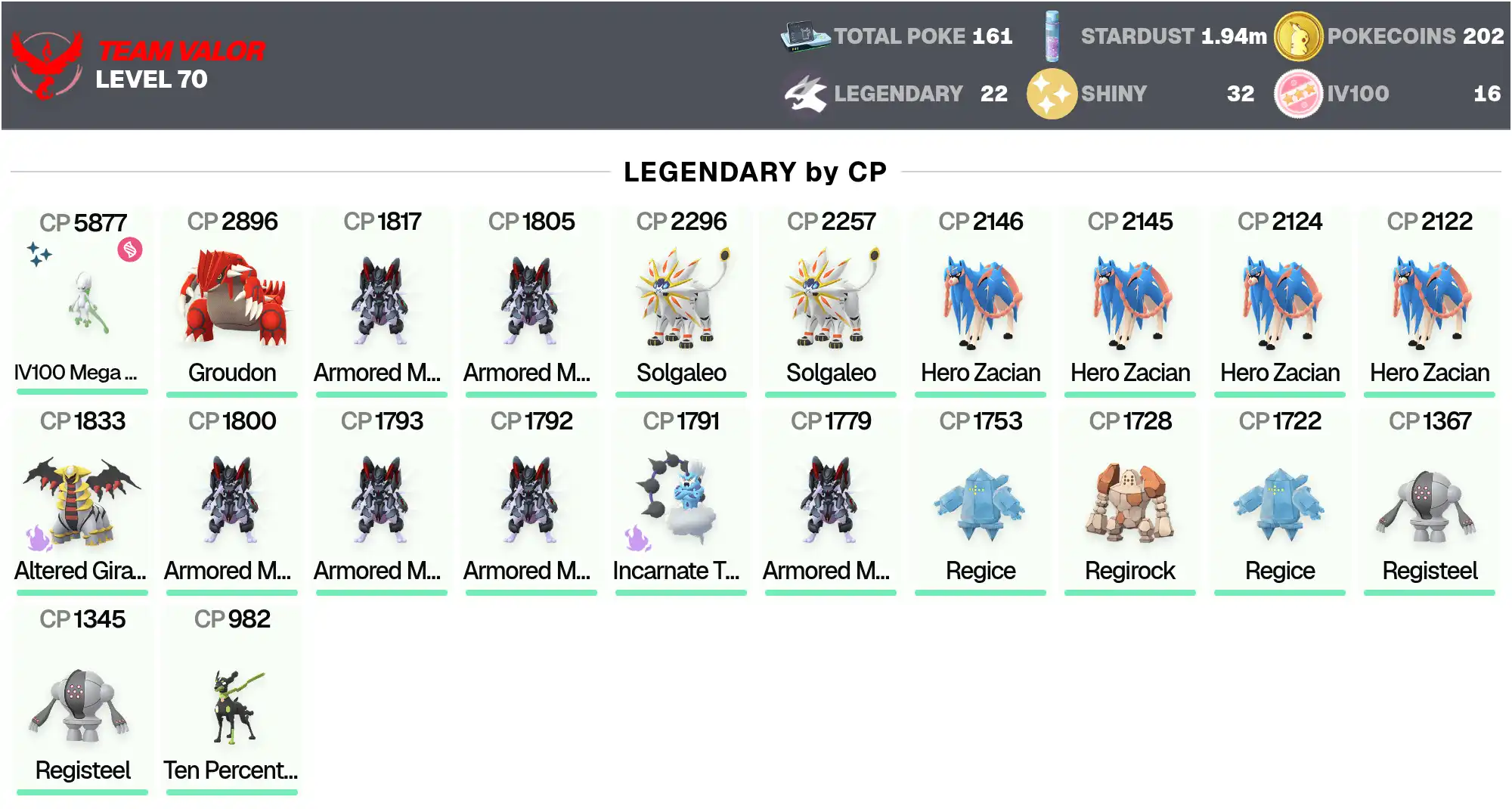 Shiny IV100 MEGA Mewtwo Y CP 5877 •70 LVL •Légendaire: 22 •Shiny: 32 •Hundo: 16 •Groudon •Solgaleo •Zacian •Giratina •PG-JYKRA •[CNL]
