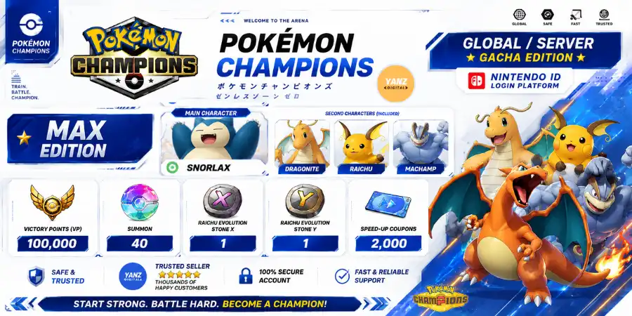 Account Pokemon Champions | Snorlax + 100000 Victory Points + Dragonite, Raichu, Machamp + 1 Raichu X 1 Raichu Y + 2000 Coupons