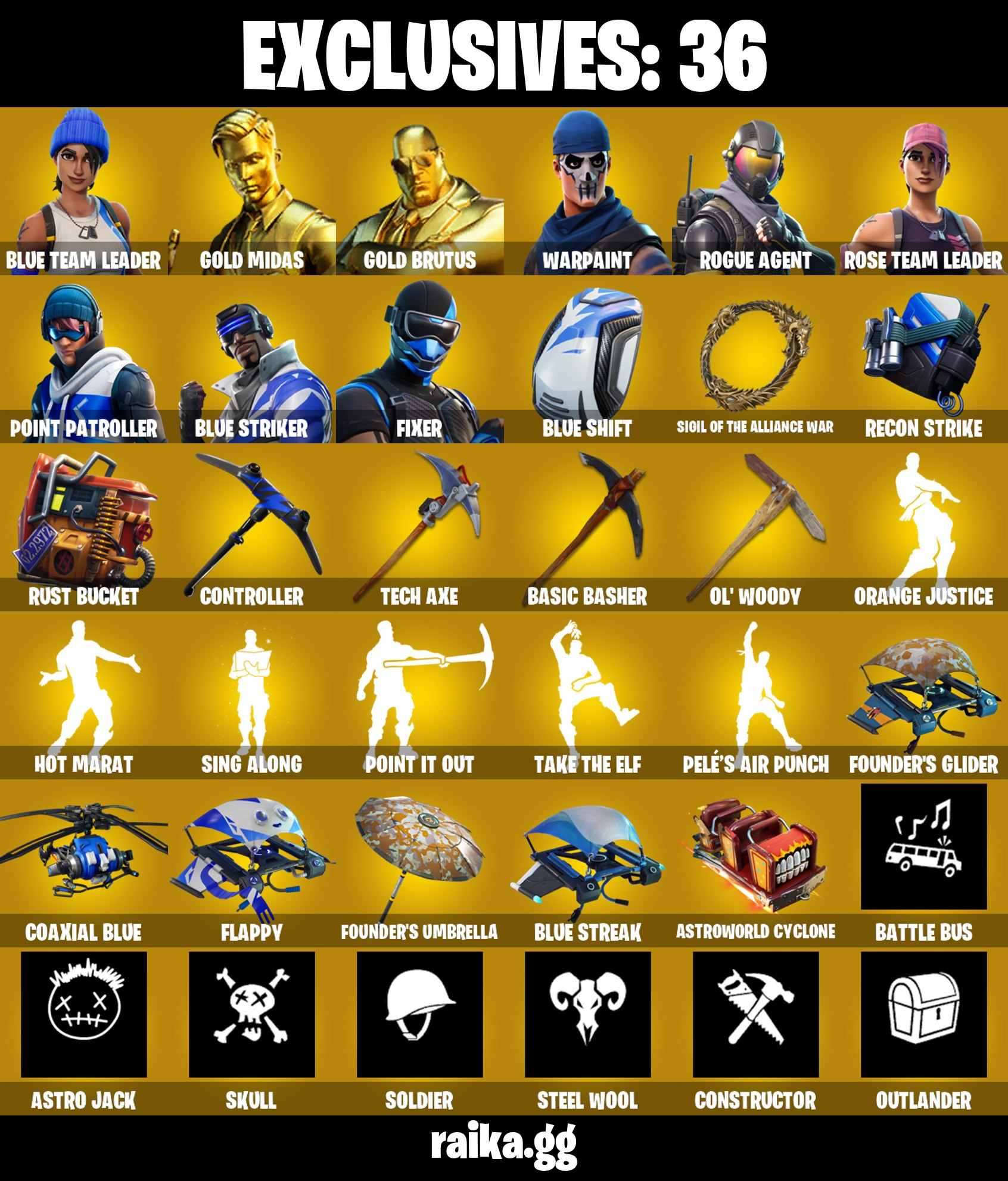 [PC/PSN/XBOX] 123款皮肤 | OG STW | Blue Team Leader | Gold Midas | Gold Brutus | Rogue Agent | Point Patroller | Harbinger Armor Omegarok | 750VB