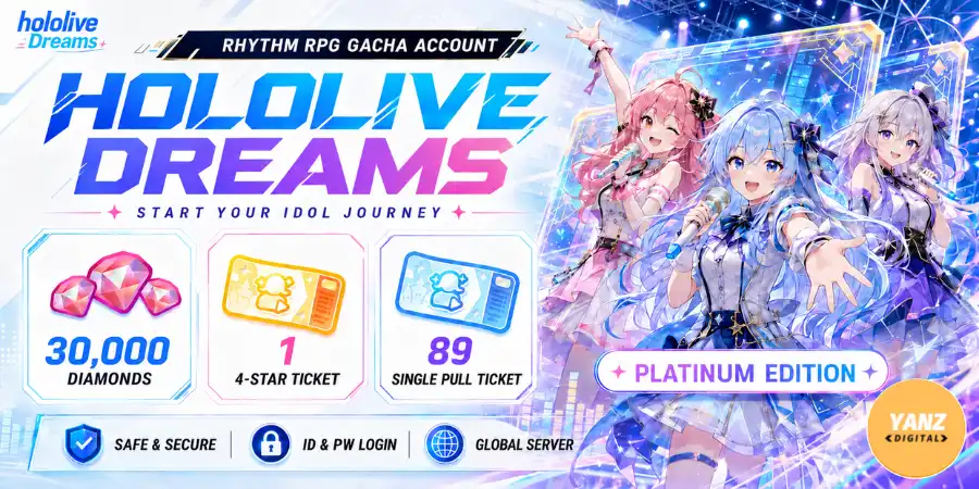 [Global] hololive Dreams 계정 | 다이아몬드 30000개 + 4성 티켓 1장 + 단일 뽑기 티켓 89장 - 플래티넘 에디션