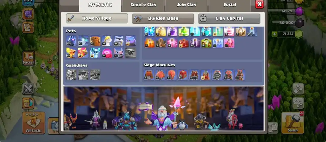 TH 17 71K GEM NC 500 4 HERO MAXED WS 2.7K CWL WARDEN, CHAMPION SKIN, WAR ARENA SCENERY FRESH MAIL PRO OFF