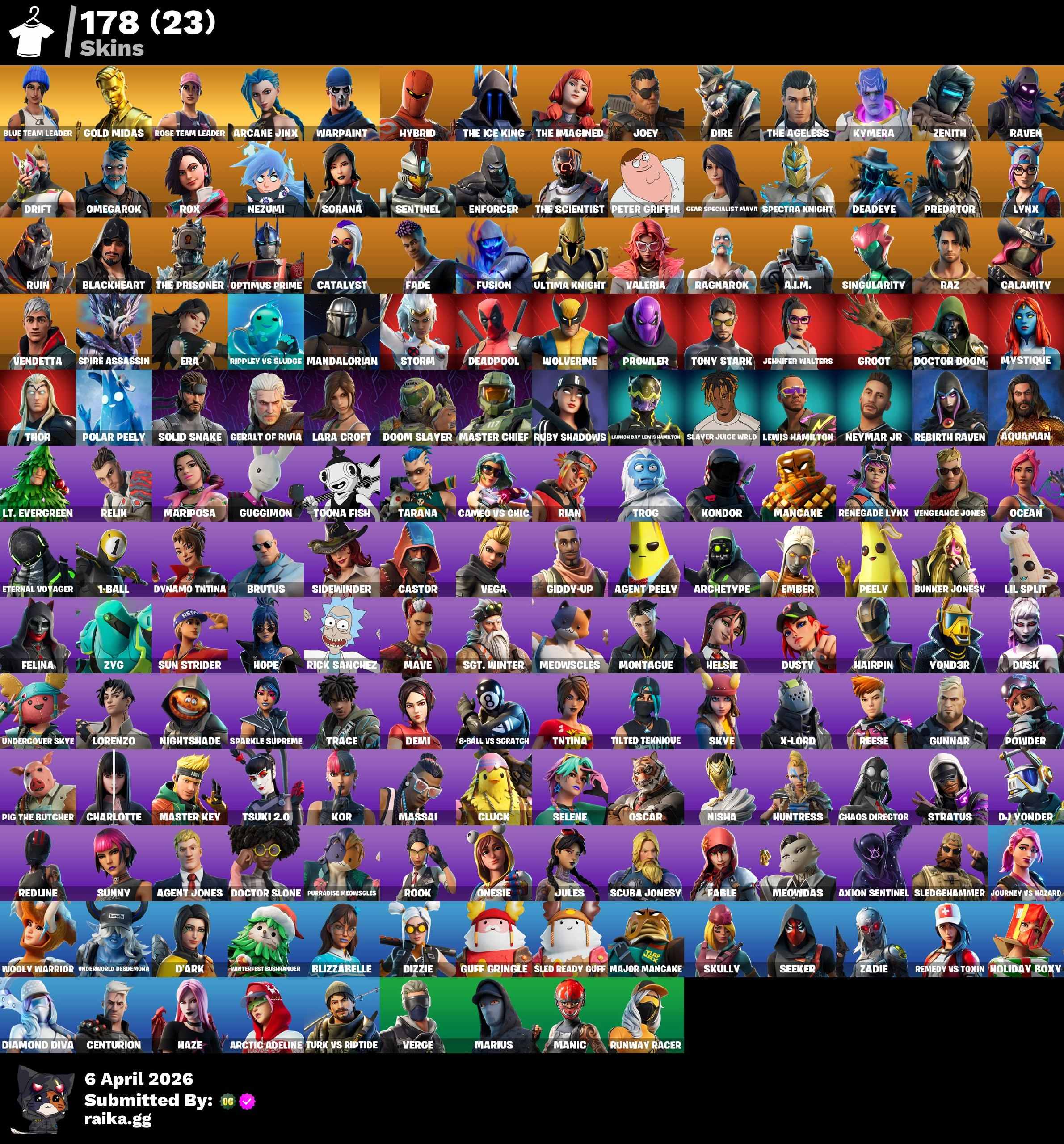 PC/PSN/Xbox/Nintendo 178 skins | OG STW Arcane Jinx | Lara Croft | Master Chief | Blue Team Leader | Gold Midas | Hybrid | The Ice King | The Imagined