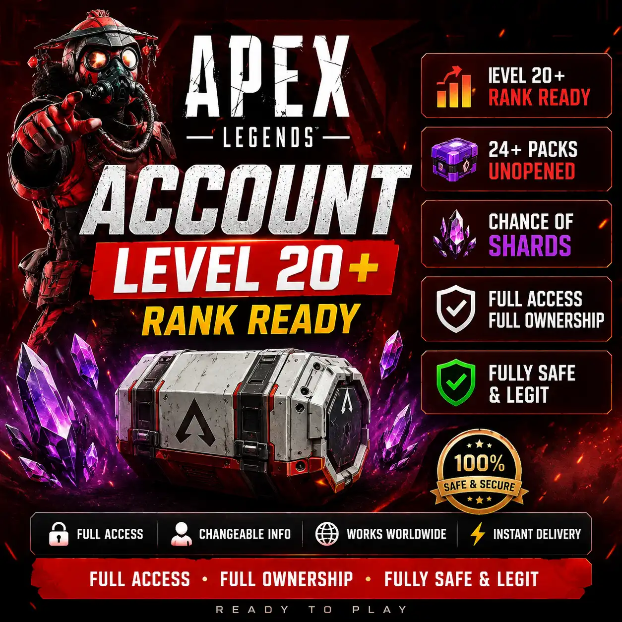 APEX LEGENDS অ্যাকাউন্ট লেভেল ২০+ র্যাঙ্ক রেডি ২৪+ আনওপেনড প্যাক্স শার্ড চান্স EA/Steam/PSN লিঙ্কেবল ফুল অ্যাক্সেস ইনস্ট্যান্ট ডেলিভারি