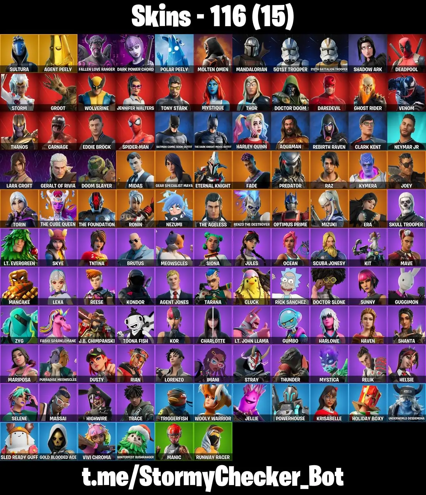 116 skin ⭐ 36% Oro Agente Peely ⭐ Thanos ⭐ Venom ⭐ Carnage ⭐ Ghost Rider ⭐ Daredevil ⭐ Eddie Brock ⭐ Spiderman ⭐ Lara Croft ⭐ Rick Sanchez ⭐ FA