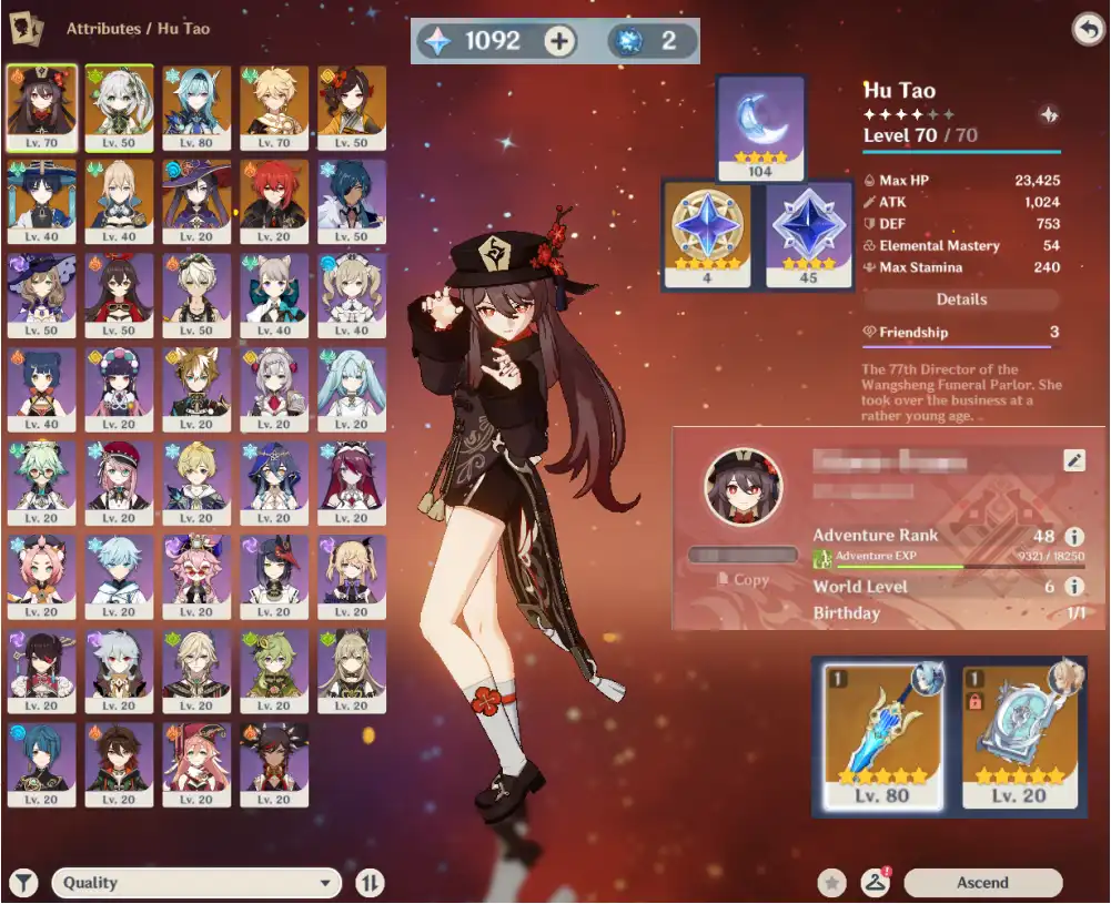 【NA】AR48💎11 Legende🔥Hu Tao🔥Nahida🔥Chiori🔥Wanderer🔥Eula✨18 Gouden Ster💎1092 Primogems✴️2 Wish Reroll