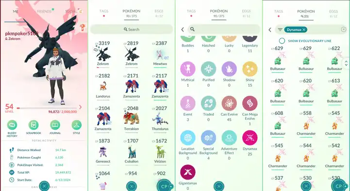 (Zek-1M) L50-L70 Account has tradable Shiny Zekrom with Fusion Bolt CP3300, 1M stardust, 11 Legendary, 15 Shiny, 25 Dynamax