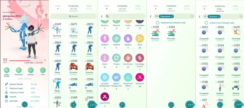 (VTC-Xur50) Cuenta con Xurkitree shiny de nivel 50 intercambiable, 3 conjuntos de movimientos, 1M de polvo de estrellas y algunos Gigantamax, Dynamax como en la imagen.