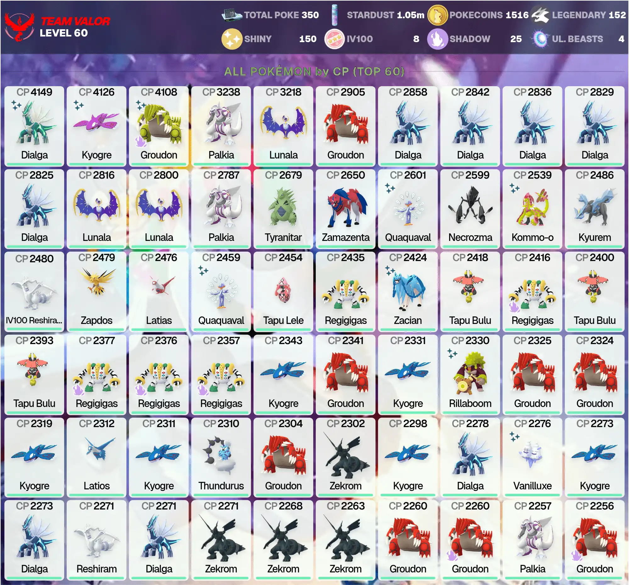 IV100 Reshiram ~Alamat:152 ~8 Shiny Alamat ~Shiny:150 ~Shiny SpeedDeoxys ~Shiny Dialga 4K ~60lvl ~Shiny Shadow Groudon 4K ~PG-AOHNZ ~[CNL]