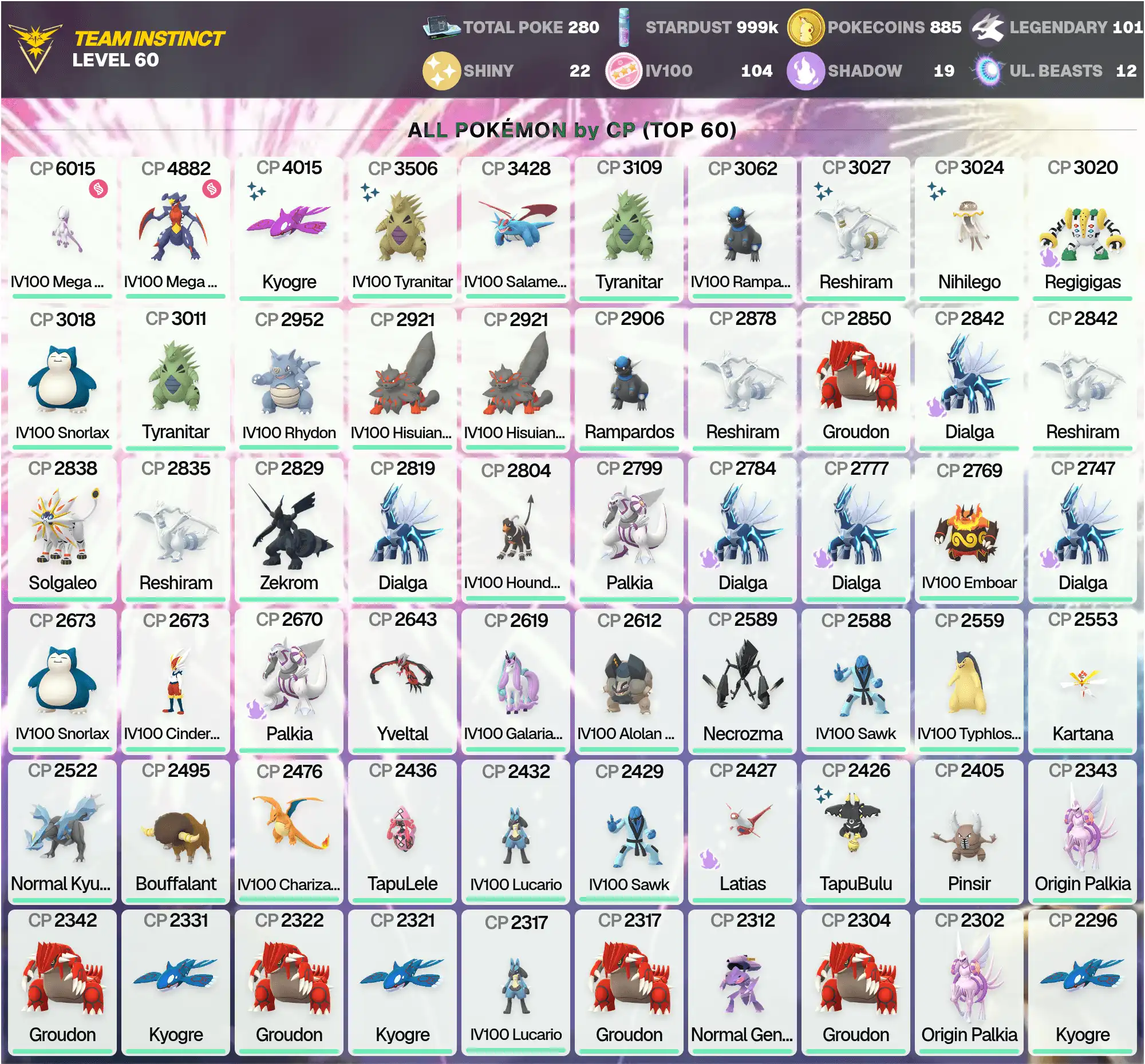 IV100 MEGA Mewtwo 6K; IV100 MEGA Garchomp 4.8K; 2 IV100 Mesprit; Legendary: 101; Hundo: 104; [CNL]; PG-WJUKU