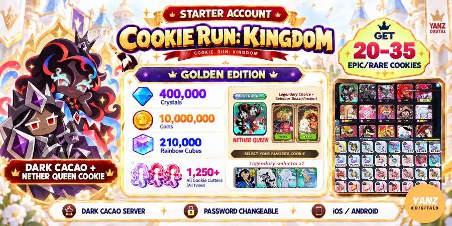 [Dark cacao] Conta Cookie Run Kingdom | 400000 Cristais + 210000 Cubos + DCC + Nether Queen Cookie + 1.2K+ Cortadores