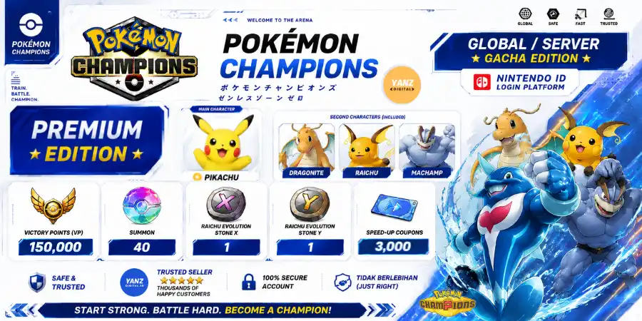 Account Pokemon Champions | Pikachu + 150000 Victory Points + Dragonite, Raichu, Machamp + 1 Raichu X 1 Raichu Y + 3000 Coupons