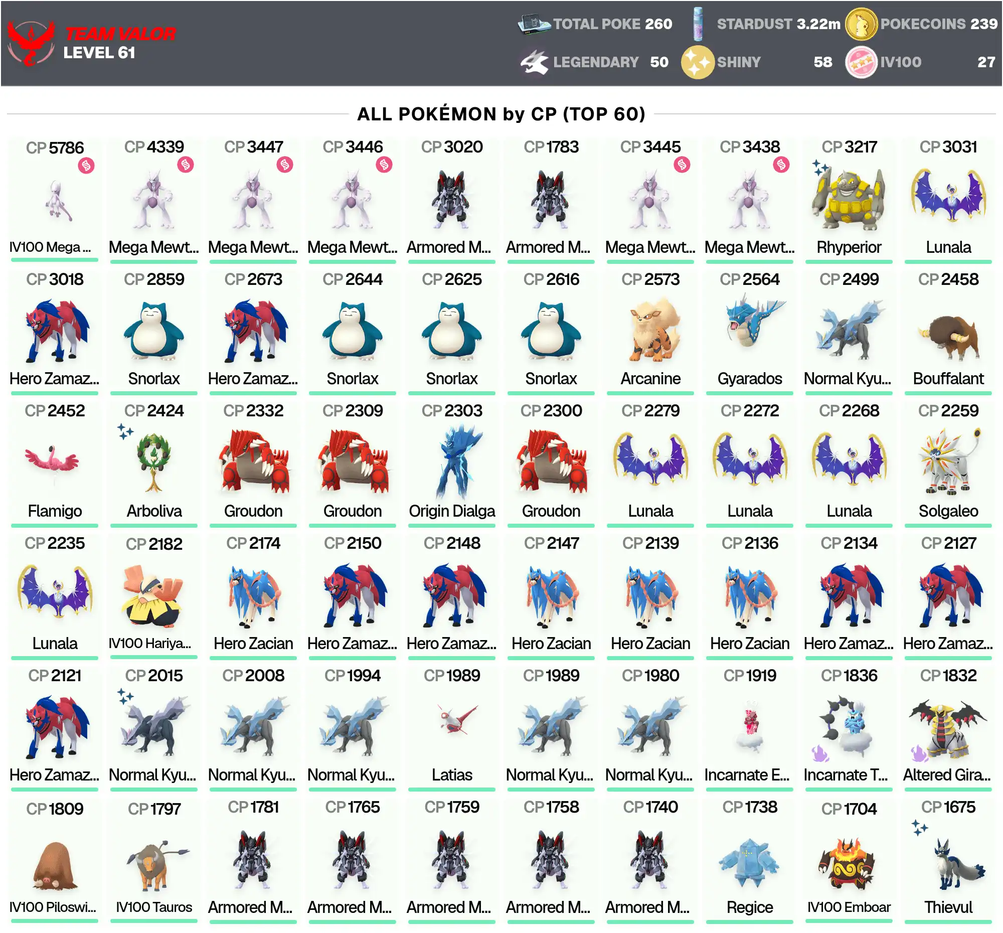 6 Armored Mewtwo • IV100 MEGA Mewtwo Y 5.9K • Shiny Kyurem • Legendary: 50 • Shiny: 58 • Hundo: 27 • Shiny Rhyperior 3.2K • PG-VZMEK • [CNL]