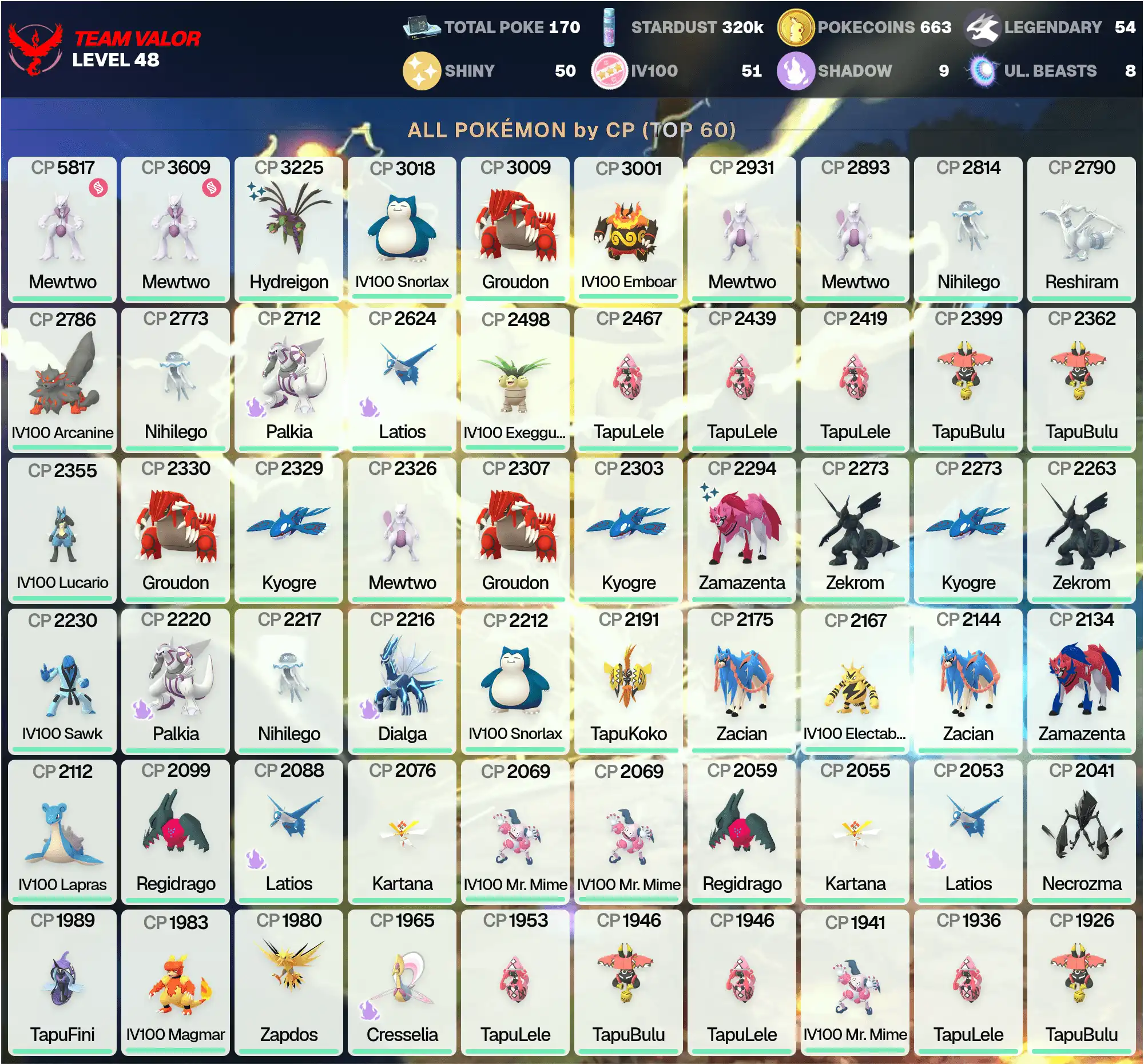 MEGA Mewtwo X 5,8K •2 MEGA Mewtwo X •Huyền thoại:54 •Shiny:50 •Hundo:51 •Shiny:Zamazenta, Tapu Koko •Shiny Hydreigon 3,2K •PG-FTUFU •[CNL]