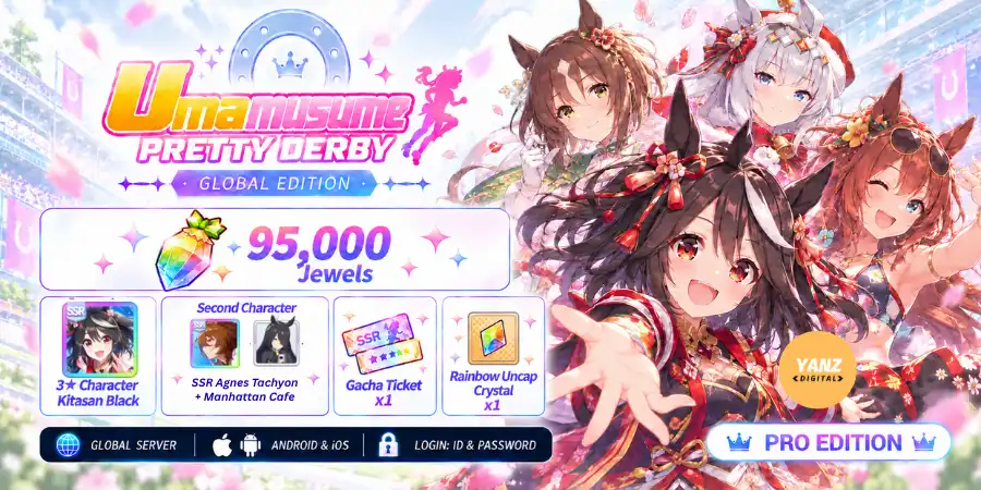 Umamusume-Konto | 95000 Juwelen + SSR Kitasan Black + Agnes Tachyon + Manhattan Cafe + 3-Sterne-Char x1-2 + 1 Ticket + 1 Rb Uncap Crystal