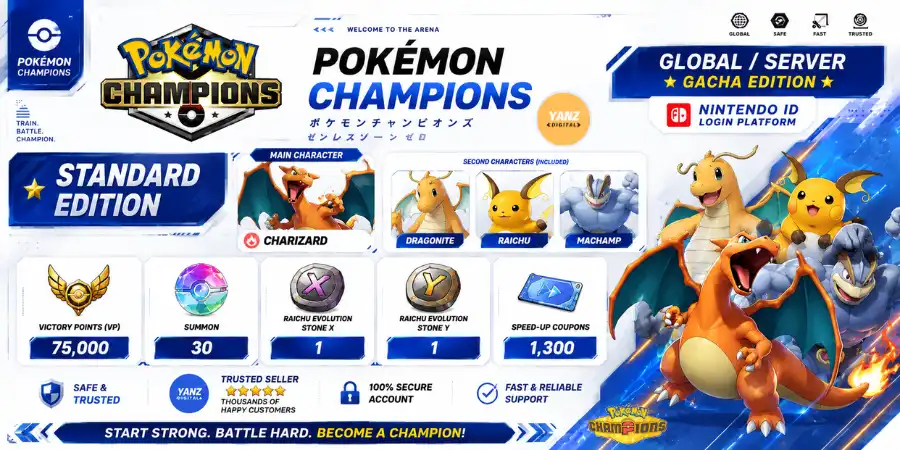 账号 Pokemon Champions | 喷火龙 + 胜利点数 (VP) 75000 + 快龙、雷丘、怪力 + 1 雷丘 X 1 雷丘 Y + 1.3K 加速券